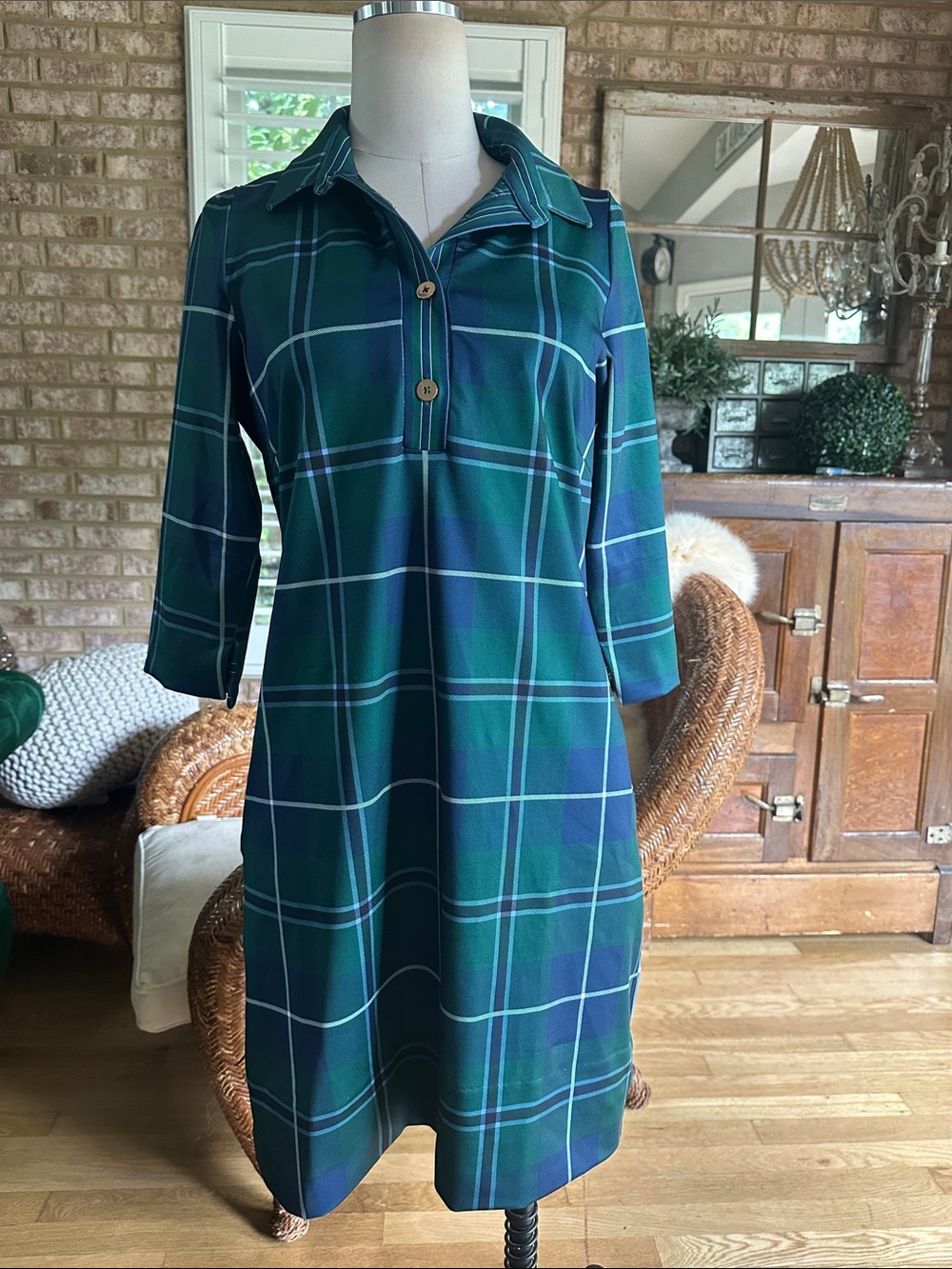 GRETCHEN SCOTT DESIGNS GREEN PLAID DRESS COLLAR 3/4 SLEEVE POCKETS